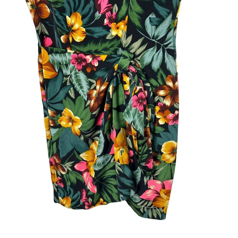 Vintage 90s Green Jungle Floral Short Sleeve Faux Wrap Knee Length Dress Small - Picture 3 of 8
